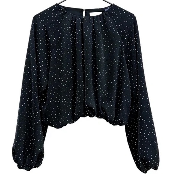 H&M Black White Polka Dot Bubble Hem Long Sleeve Cropped Blouse Top Size M - Picture 1 of 2